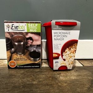 Eve lots, self stirring mug, Crofton, microwave popcorn maker, new in box